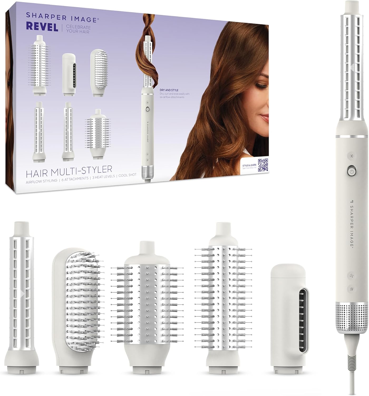 Sharper Image Revel Airflow Styler, 6-in-1 Hair Wrap Styling Tool, Curling Iron Wand, Detangler & Ionic Hair Dryer, Volumizing & Smoothing Hot Air Brush, Straight/Curly Hair Products, Beach Wave Curl