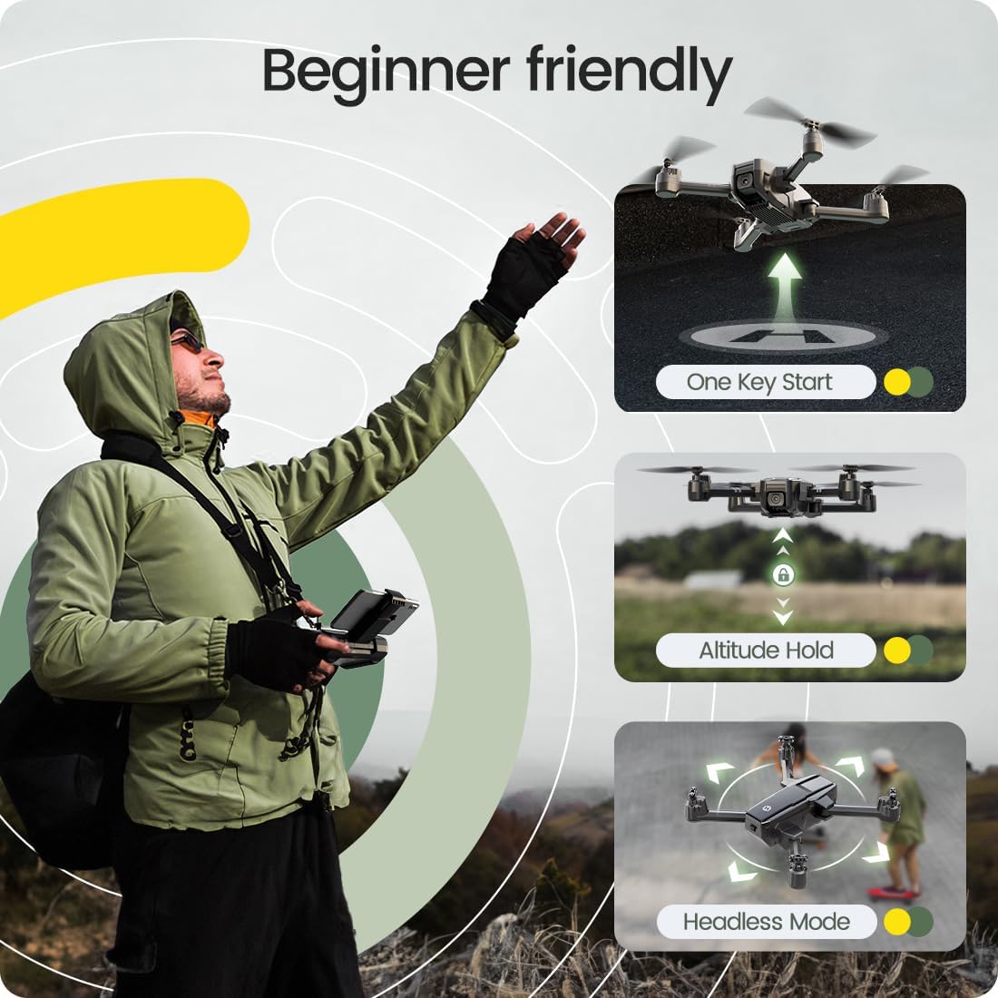 Holy Stone HS440 Drone FPV plegable con cámara WiFi 1080P para adultos principiantes y nios; control de gestos de voz RC Quadcopter con batería modular para largo tiempo de vuelo, vuelo automático,