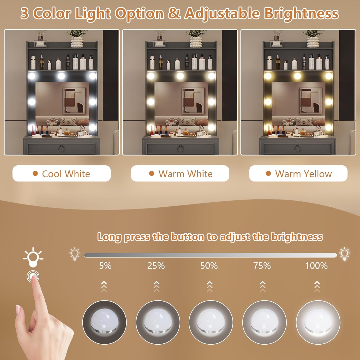 LVSOMT Small Makeup Vanity with Glass Top, White Vanity Desk with Lighted Mirror and Lights, Mini Makeup Table with Motion Sensor, Corner Dressing Table for Bedroom, Apartment