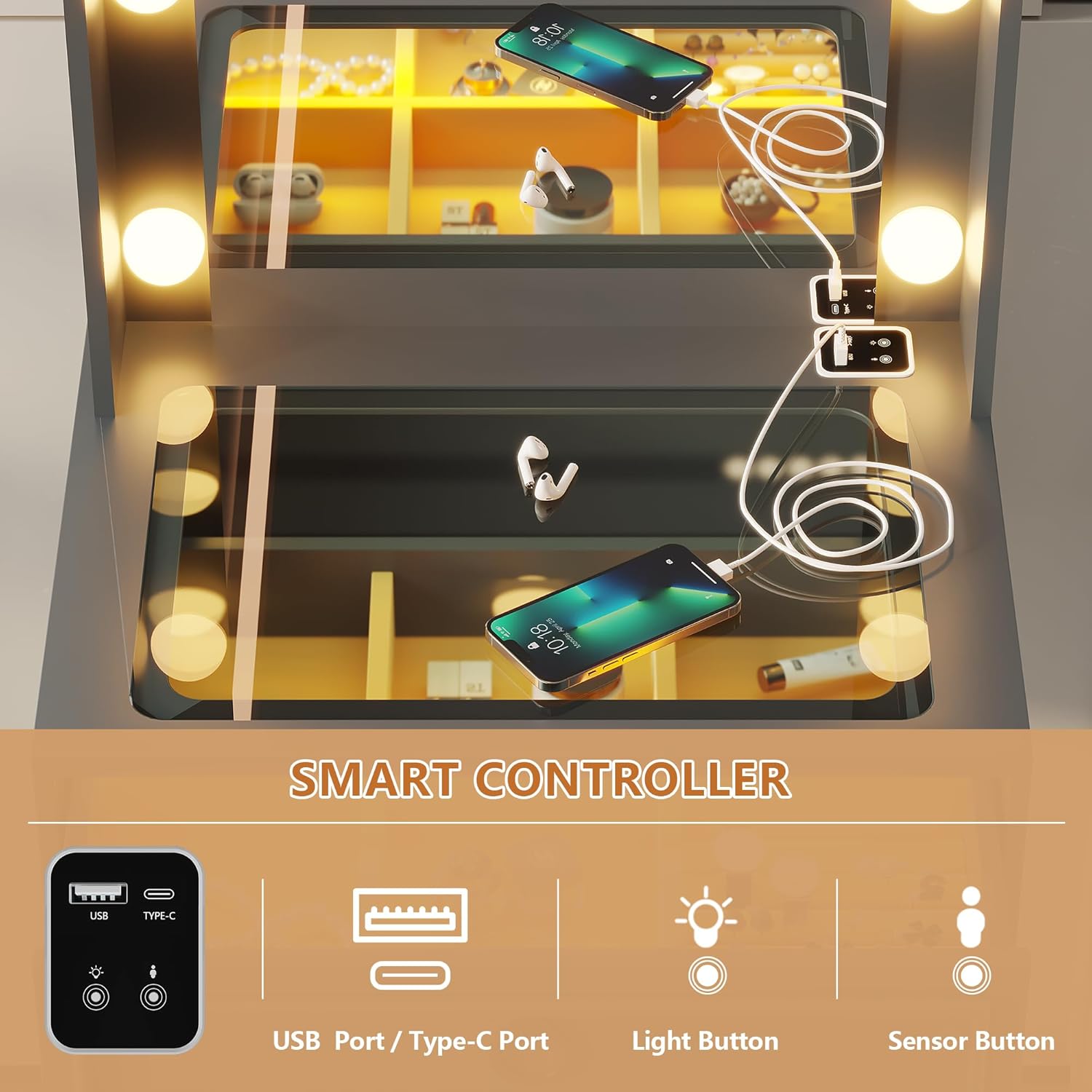 LVSOMT Small Makeup Vanity with Glass Top, White Vanity Desk with Lighted Mirror and Lights, Mini Makeup Table with Motion Sensor, Corner Dressing Table for Bedroom, Apartment