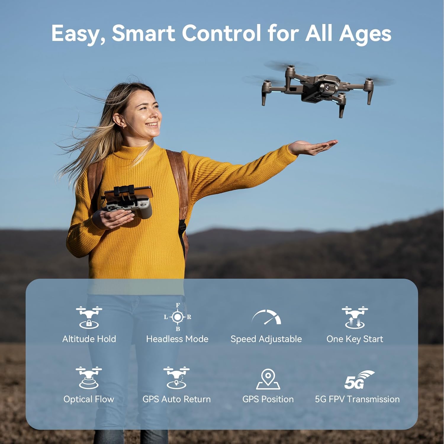 RC Viot Drone GPS con cámara para adultos 4K con motores sin escobillas, retorno automático a casa, largo tiempo de vuelo y distancia, transmisión WiFi 5G, dron FPV inteligente RC Quadcopter para