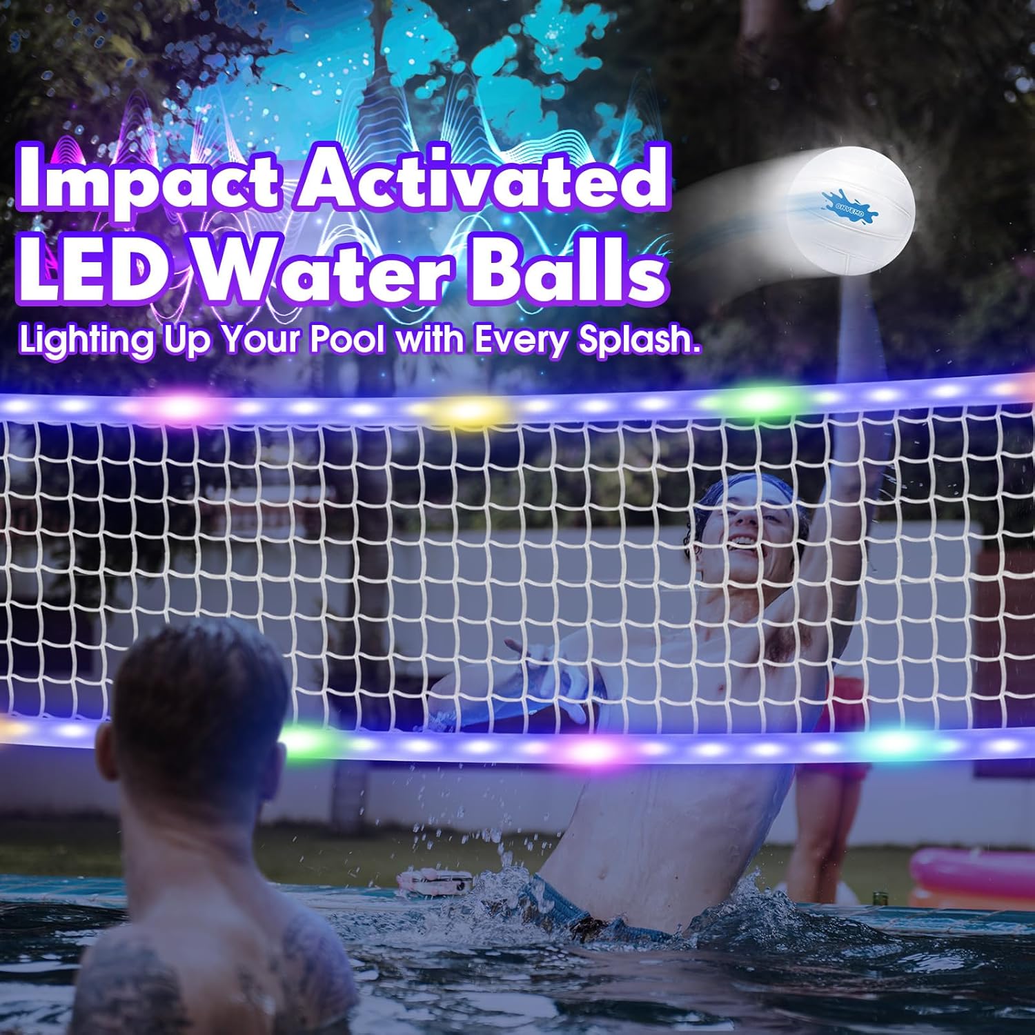 OHYEMO 2-in-1 LED Pool Volleyball & Basketball Game Set, Light Up Pool Sport Combo Set with 14in LED Rim/4 Glow Balls/2 Base/Pump, Inground Swimming Pool Toy Party Games for Adults & Family