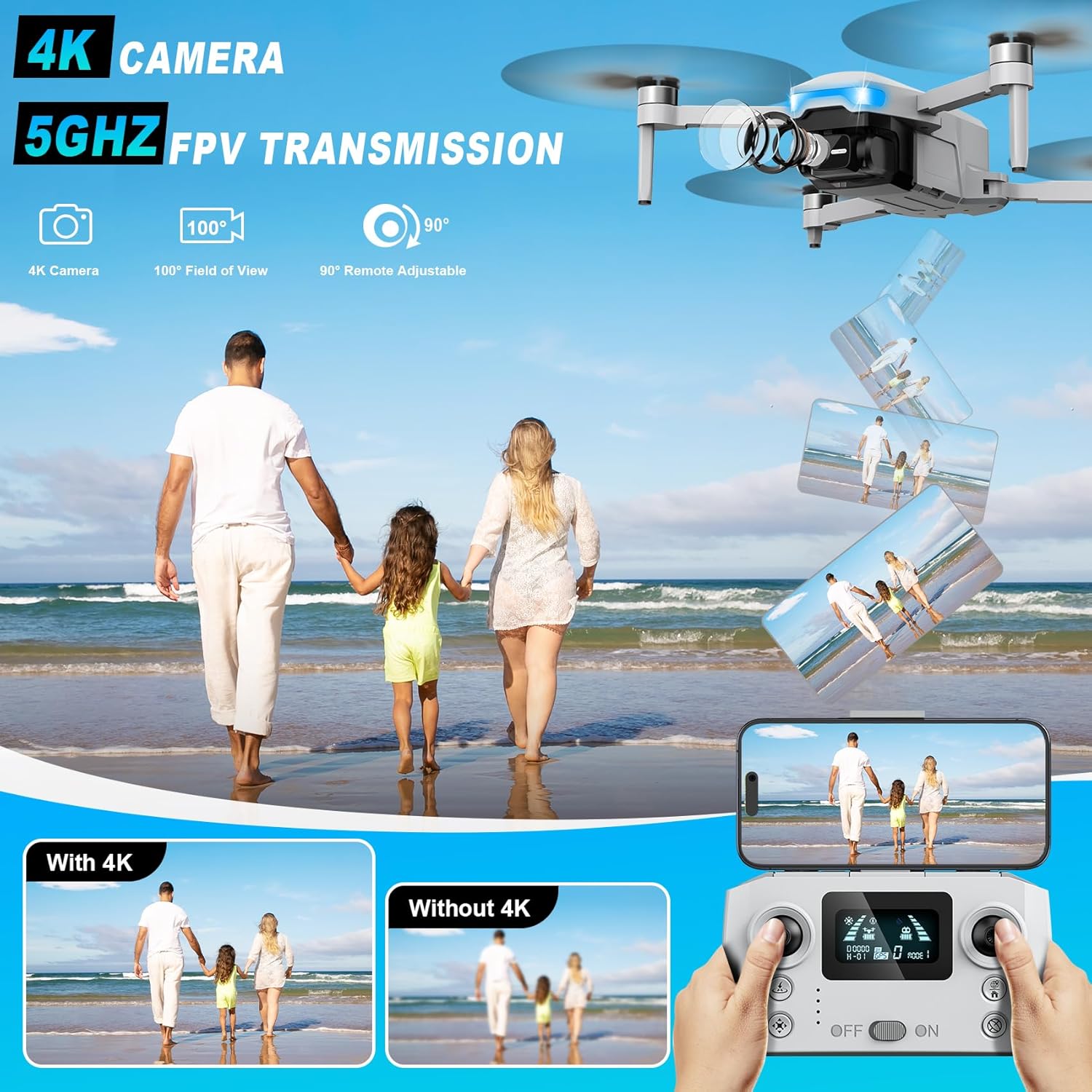 Drone con cámara 4K, FPV Drones 248G RC Plane GPS Drone para adultos con motor sin escobillas, transmisión 5G, vuelo de punto de ruta, retorno automático, control de gestos, baterías, vuelo de 46