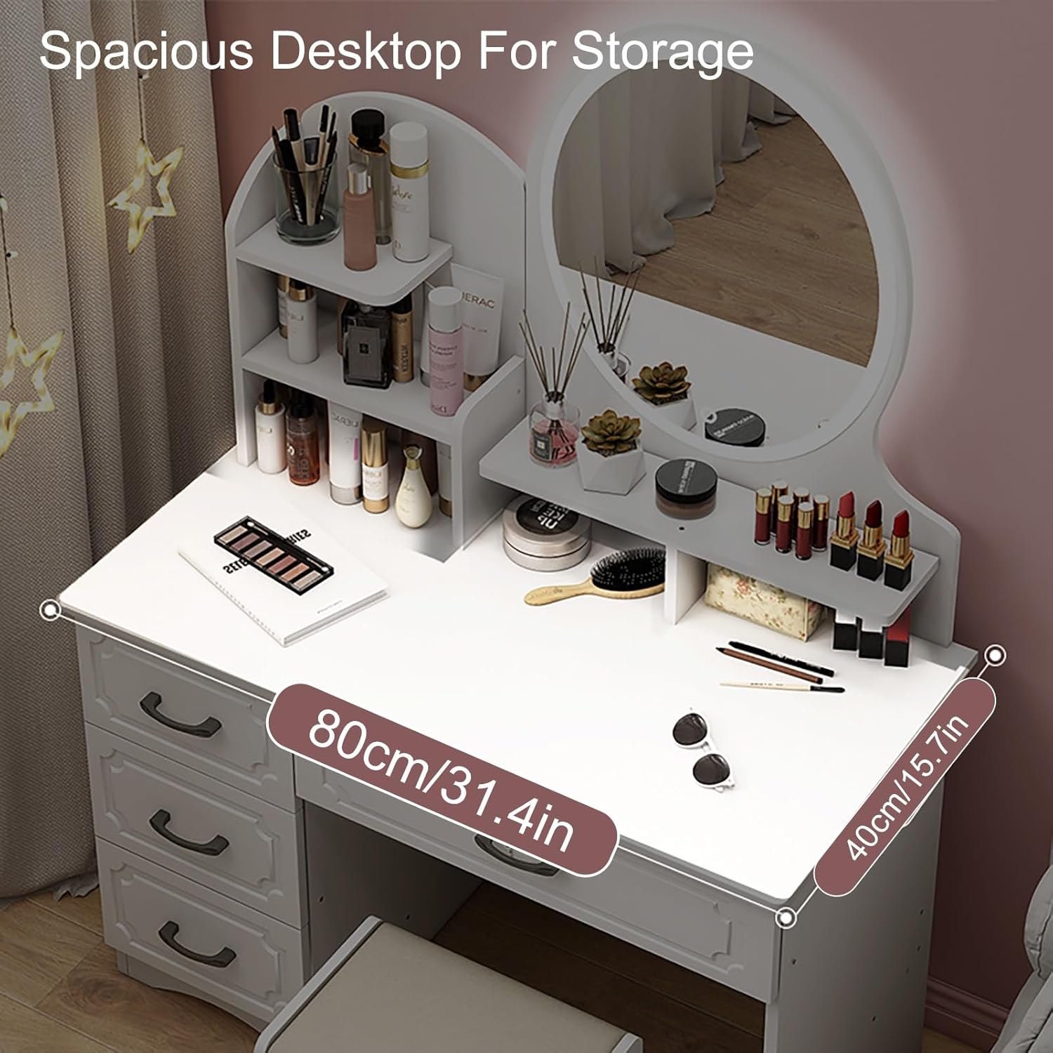 LHXLSH Vanity Desk Dressing Table Bedroom Vanity Table with Touch Screen LED Mirror and 6 Drawers Vanity Desk with Versatile Storage Options Dressing Table