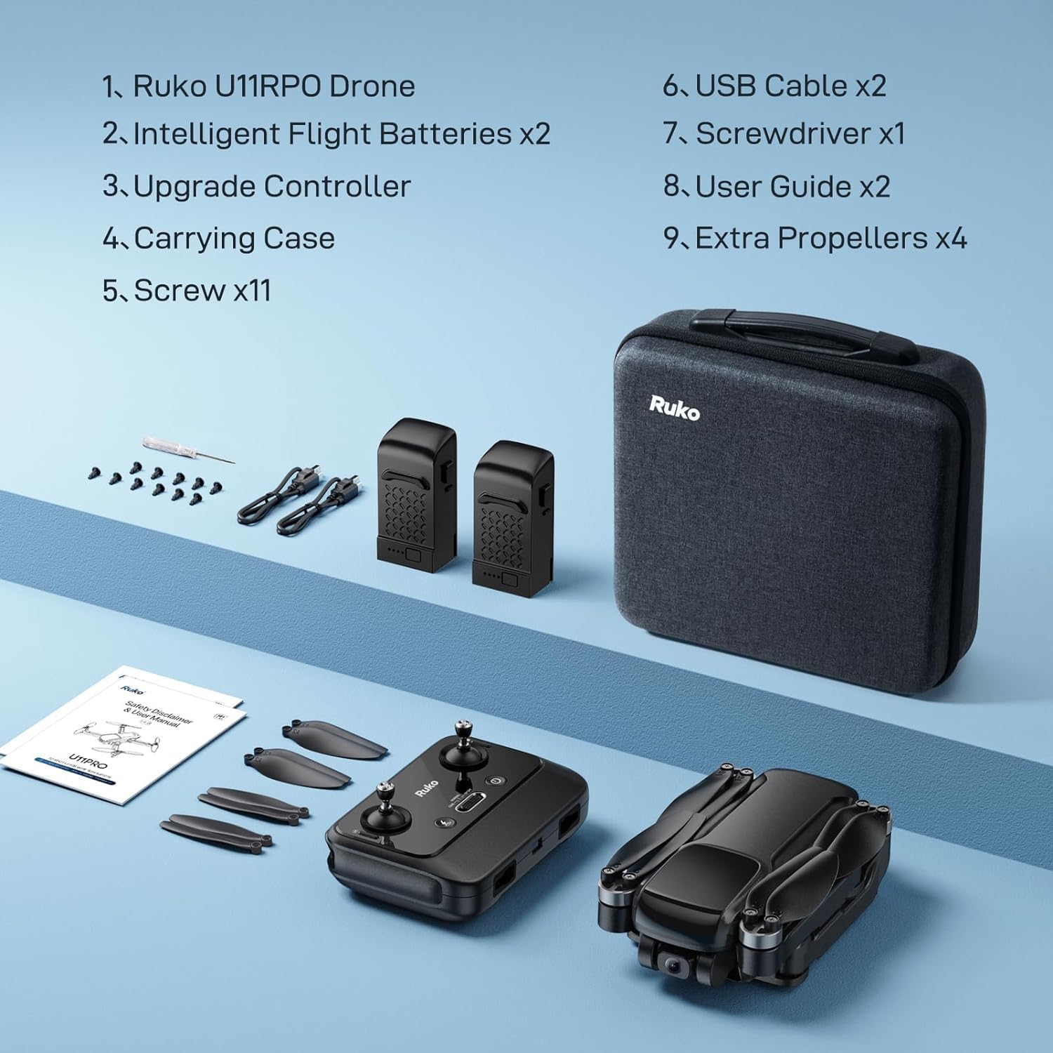 Ruko U11PRO - Primer dron con cámara para adultos, 4K UHD, compatible con identificación remota FAA, tiempo de vuelo de 52 minutos, 2 baterías, retorno automático GPS, modo interior-exterior,
