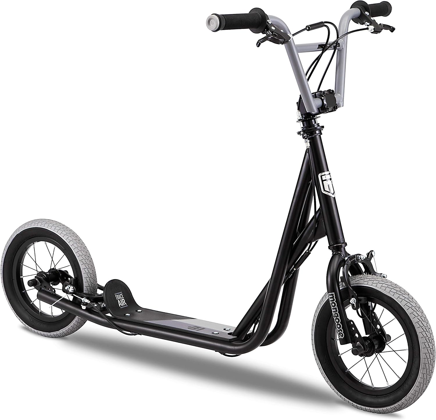 Mongoose Trace Air Non-Electric Scooter for Youth Boys Girls Age 8+ Year Old, Max Weight of 220 lbs., 12-Inch Air Tires, Non-Folding Design, Adjustable Height Stem, BMX-Style Handlebar, Wide Foot Deck