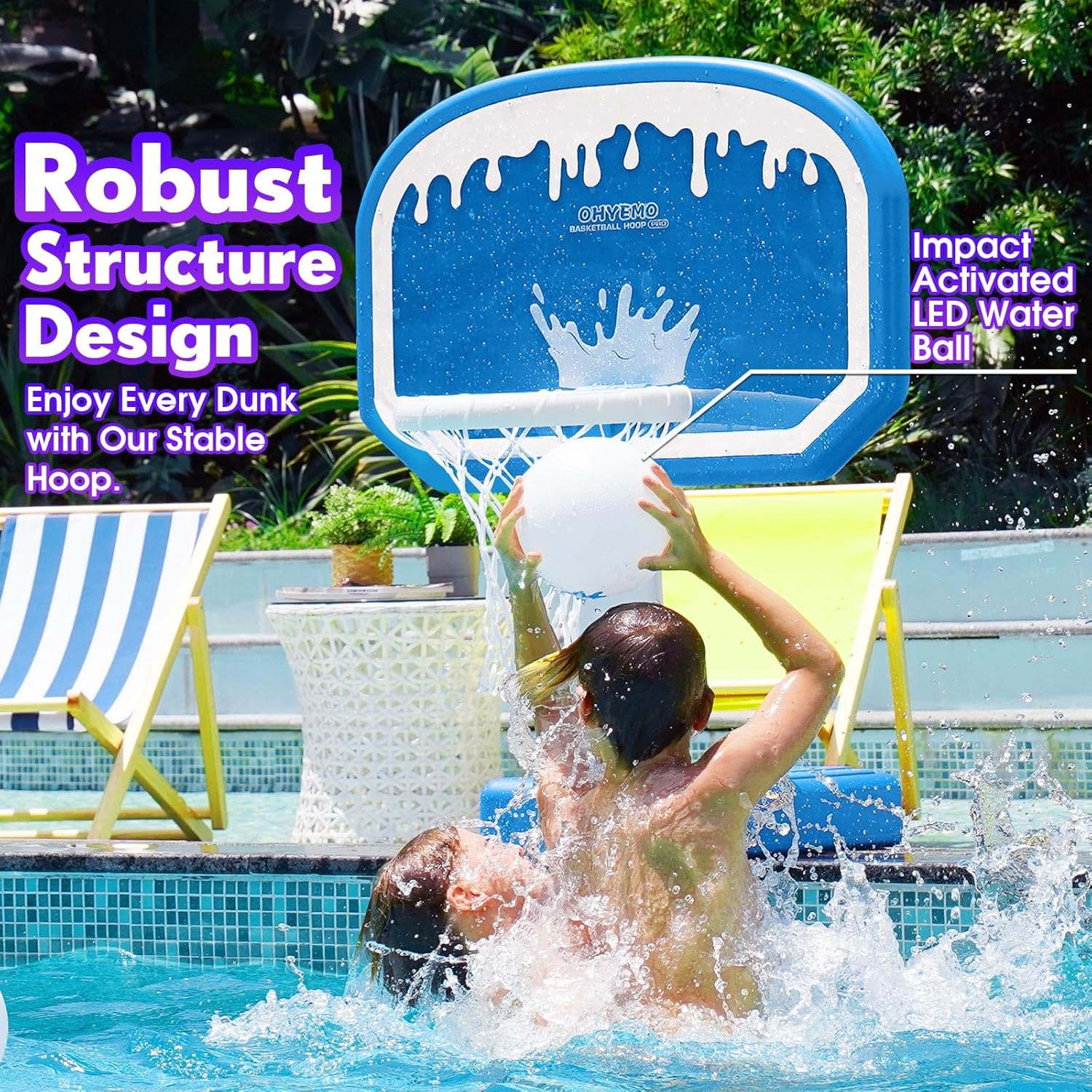 OHYEMO 2-in-1 LED Pool Volleyball & Basketball Game Set, Light Up Pool Sport Combo Set with 14in LED Rim/4 Glow Balls/2 Base/Pump, Inground Swimming Pool Toy Party Games for Adults & Family