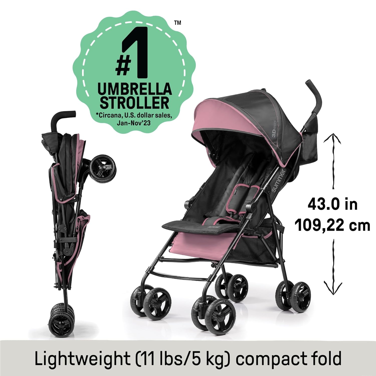 Summer by Ingenuity 3D Mini Convenience Stroller – Lightweight Stroller with Compact Fold, Multi-Position Recline, Canopy with Pop Out Sun Visor and More – Umbrella Stroller for Travel and More, Gray