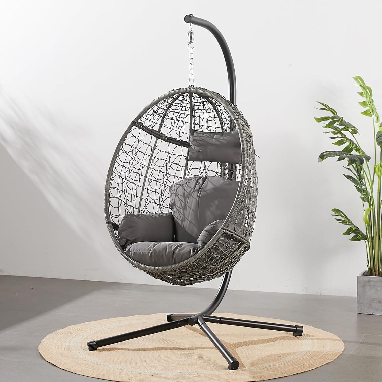 VARVIND Wicker Patio Hammock Swing Chair with Stand & Leg Rest for Indoor Outdoor, Hanging Egg Chair with UV Resistant Detachable Seat Cushion for Balcony, Bedroom, Garden,350Lbs Capacity(Beige)