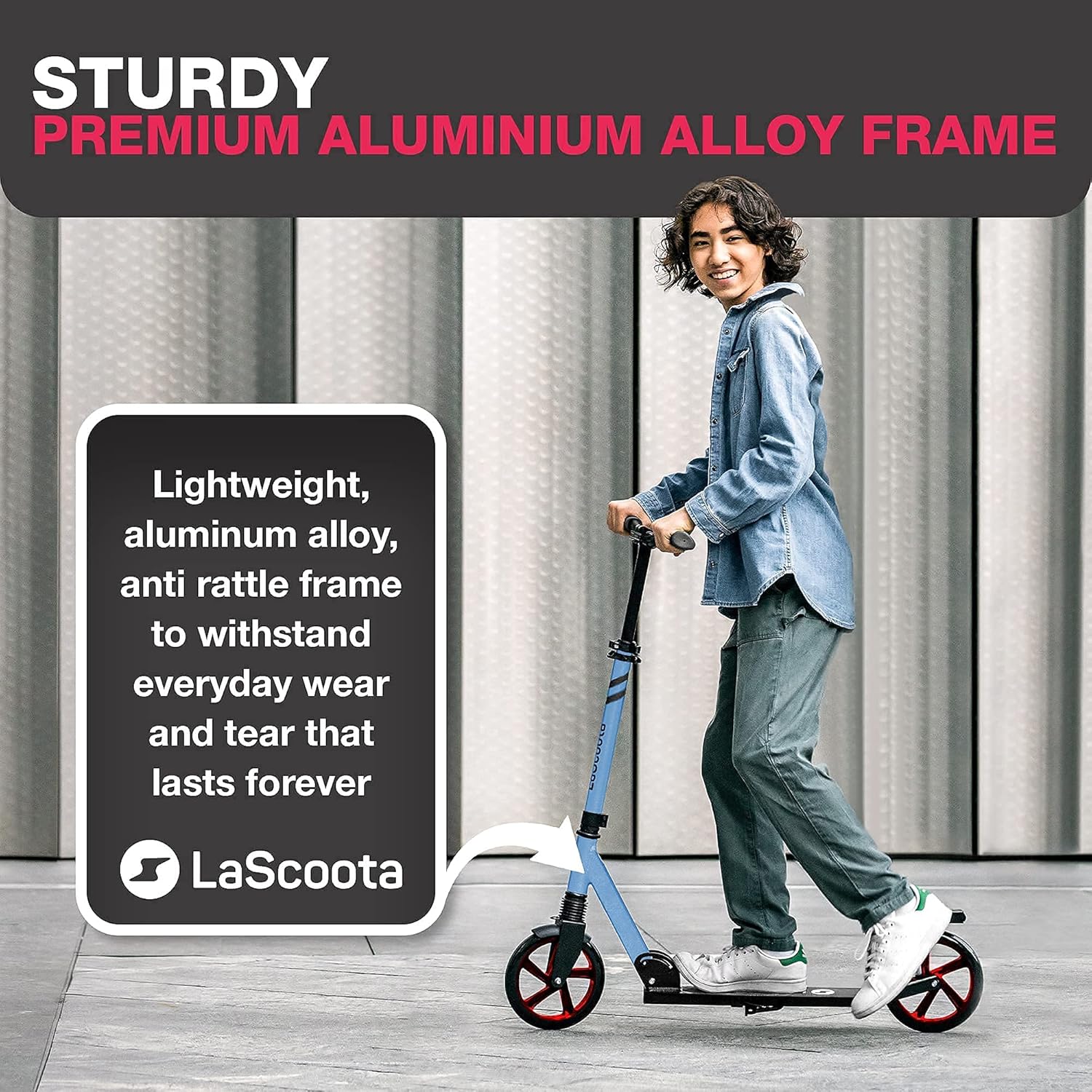 LaScoota Kick Scooter for Kids Ages 6+, Teens & Adults, Large 8 Sturdy Urethane Wheels. Adjustable Handlebar, Lightweight, Foldable, 220lbs Max Load