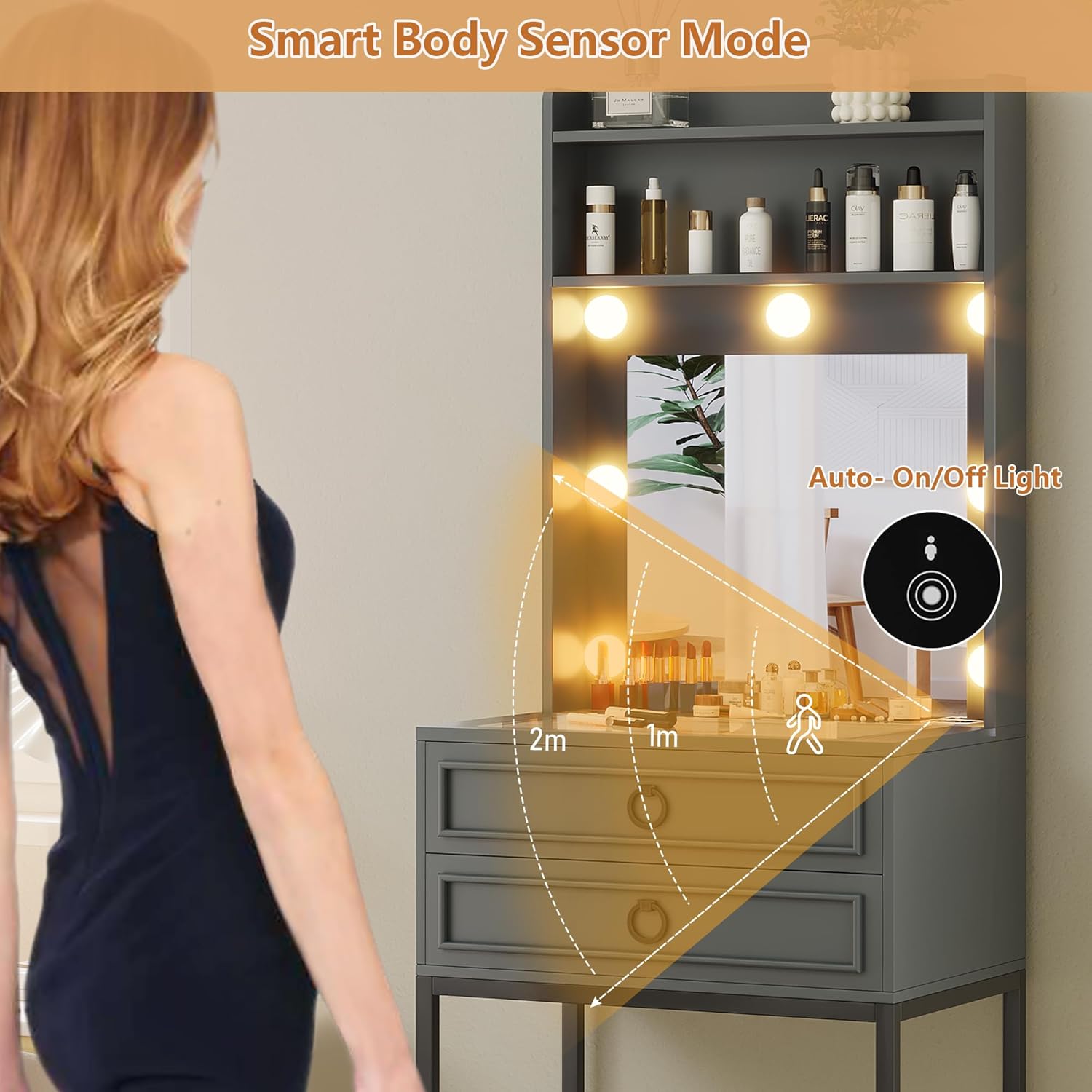 LVSOMT Small Makeup Vanity with Glass Top, White Vanity Desk with Lighted Mirror and Lights, Mini Makeup Table with Motion Sensor, Corner Dressing Table for Bedroom, Apartment