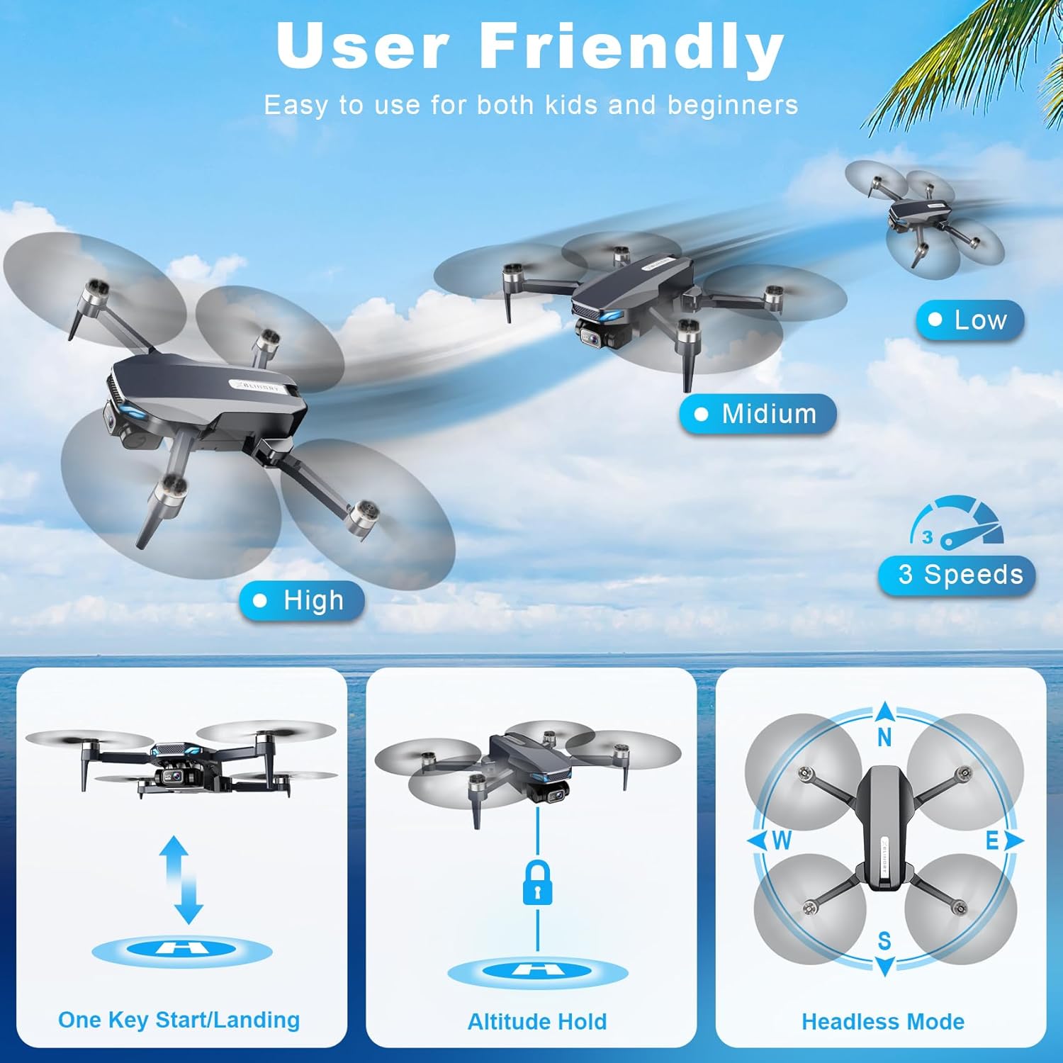 Dron con cámara, 2K FPV Drone con motor sin escobillas, retención de altitud, selfie gesto, despegue/aterrizaje con una tecla, giros 3D, vuelo de punto de referencia, 2 baterías, mini drones plegables