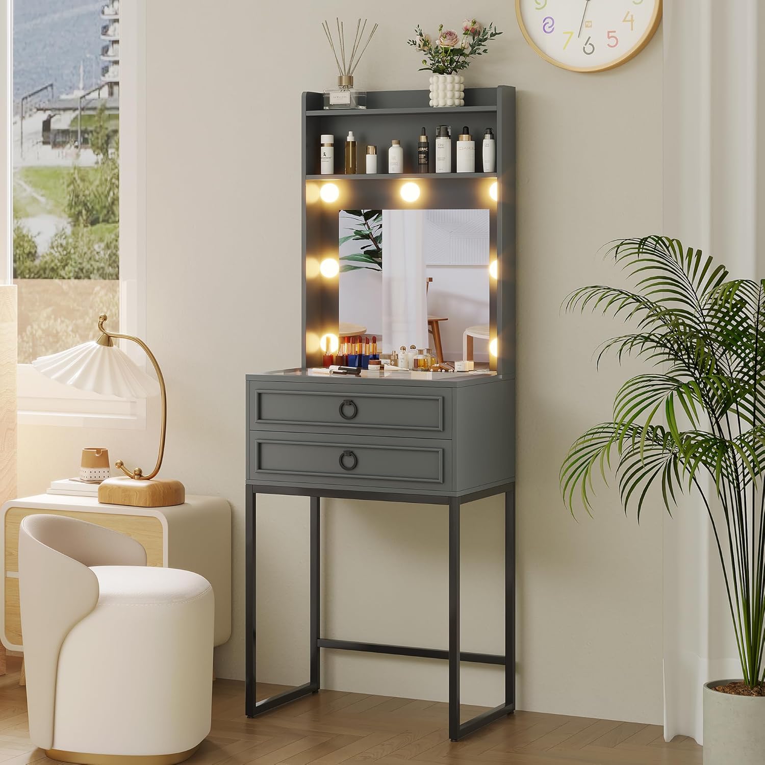 LVSOMT Small Makeup Vanity with Glass Top, White Vanity Desk with Lighted Mirror and Lights, Mini Makeup Table with Motion Sensor, Corner Dressing Table for Bedroom, Apartment