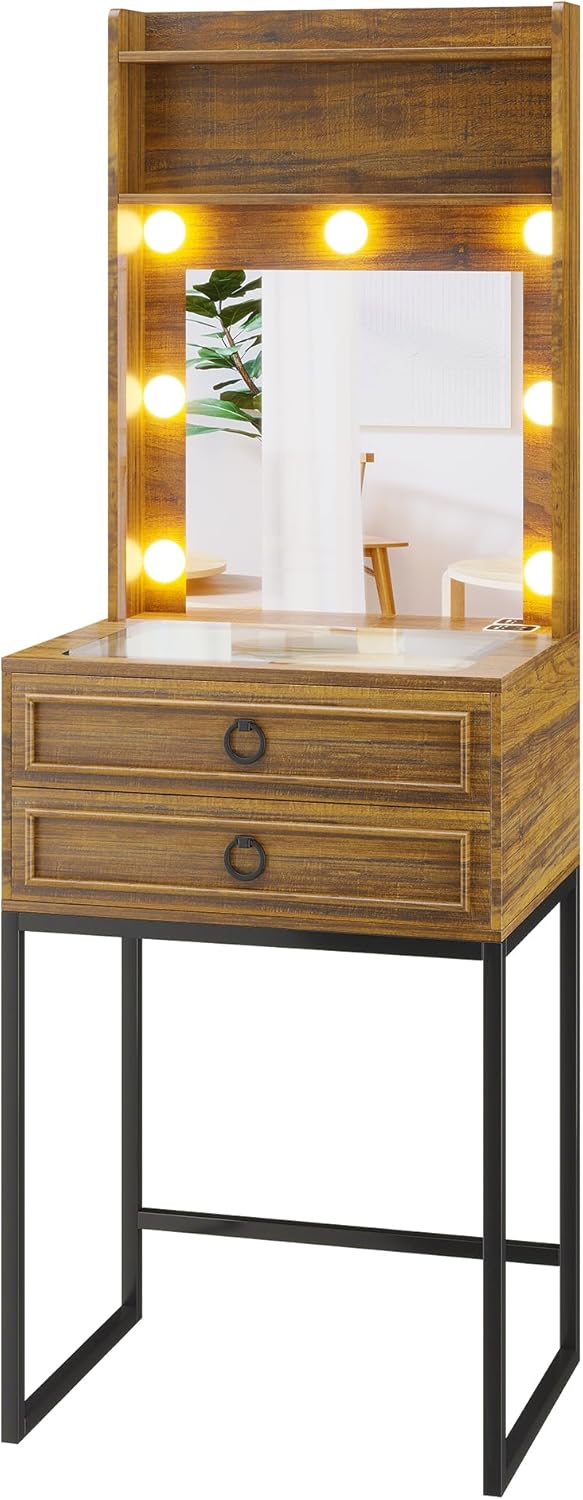 LVSOMT Small Makeup Vanity with Glass Top, White Vanity Desk with Lighted Mirror and Lights, Mini Makeup Table with Motion Sensor, Corner Dressing Table for Bedroom, Apartment