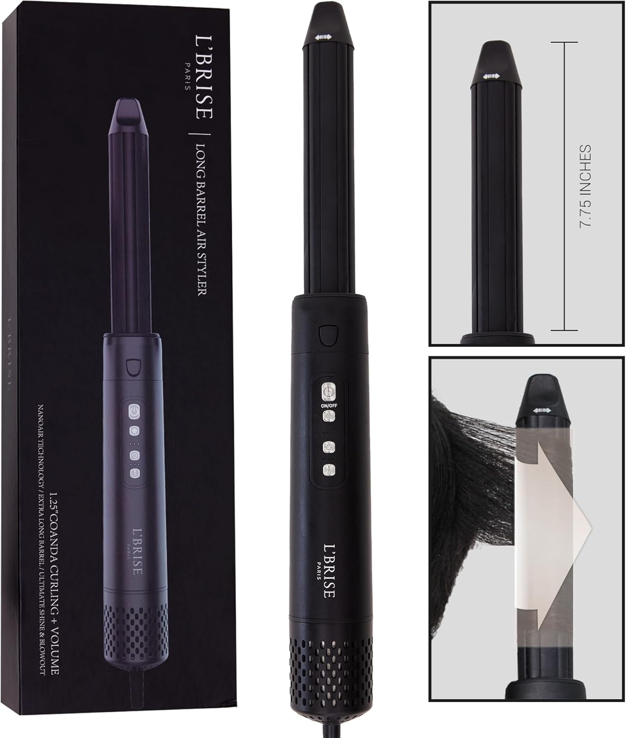 L’Brise Paris Air Wrap Hair Styler, 1.25 Inch, Hair Dryer, Curling Iron, & Hair Straightener in 1 Hair Styling Tool Without Heat Damage, Coanda Titanium Technology, 5 Attachments, Long Thick Barrel