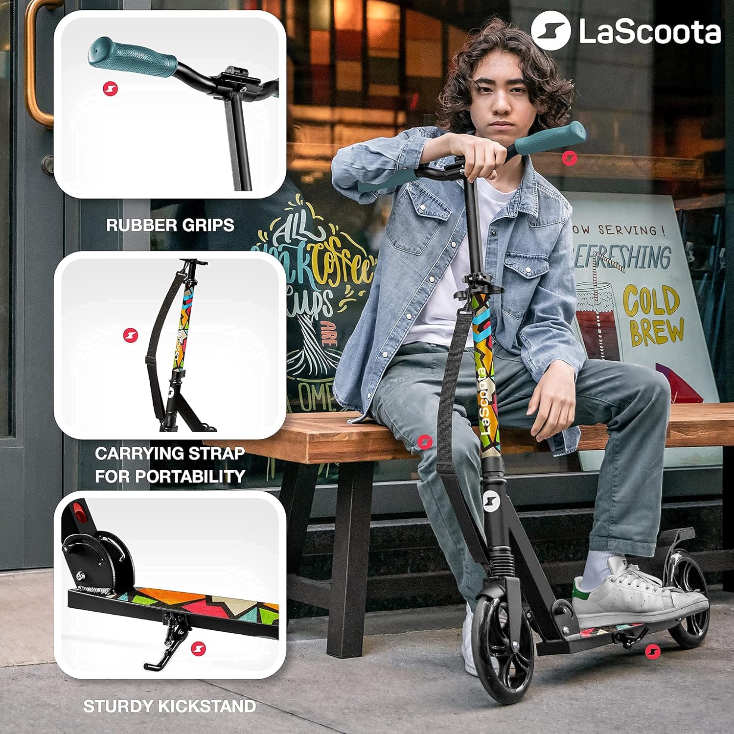 LaScoota Kick Scooter for Kids Ages 6+, Teens & Adults, Large 8 Sturdy Urethane Wheels. Adjustable Handlebar, Lightweight, Foldable, 220lbs Max Load