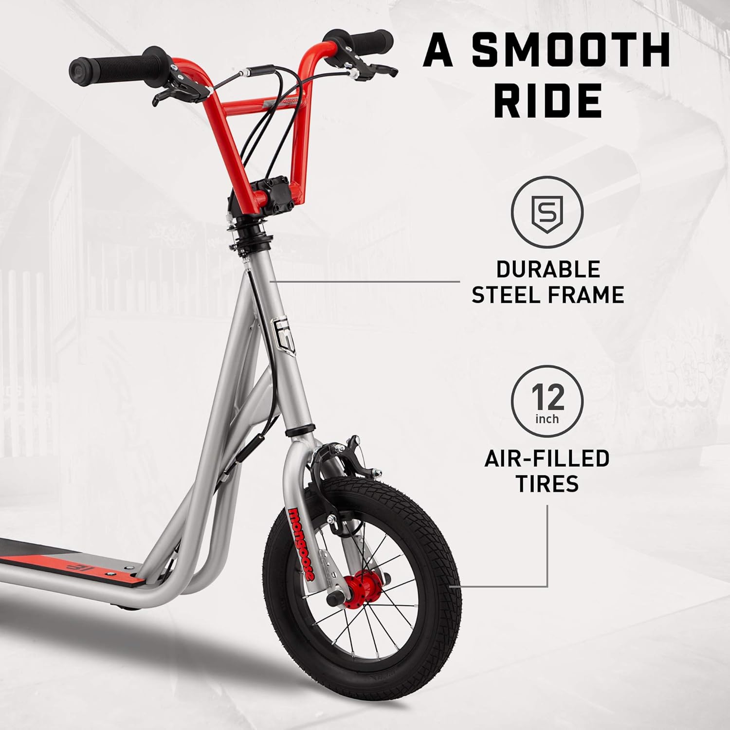 Mongoose Trace Air Non-Electric Scooter for Youth Boys Girls Age 8+ Year Old, Max Weight of 220 lbs., 12-Inch Air Tires, Non-Folding Design, Adjustable Height Stem, BMX-Style Handlebar, Wide Foot Deck