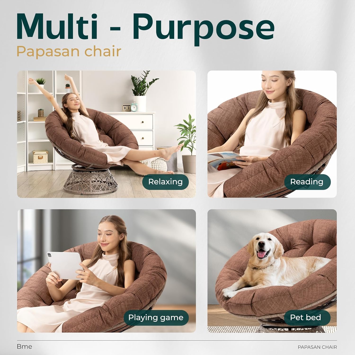 Bme 40 Ergonomic Wicker Papasan Chair with Soft Thick Density Fabric Cushion, High Capacity Steel Frame, 360 Degree Swivel for Living, Bedroom, Reading Room, Lounge, Cherry Sangria-Brown Base