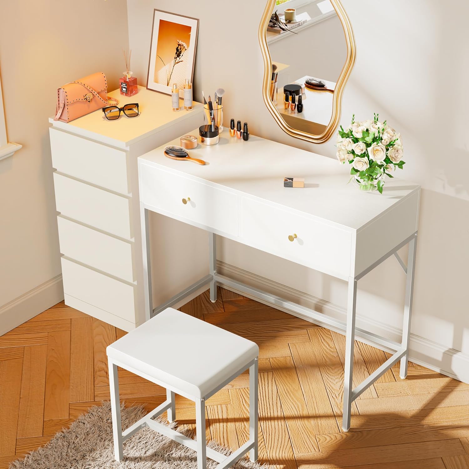 SUPERJARE 35.4 White and Gold Desk with 2 Drawers, Modern Makeup Vanity Desk with Padded Stool, Small Computer Desk Home Office Desk for Writing Study Bedroom