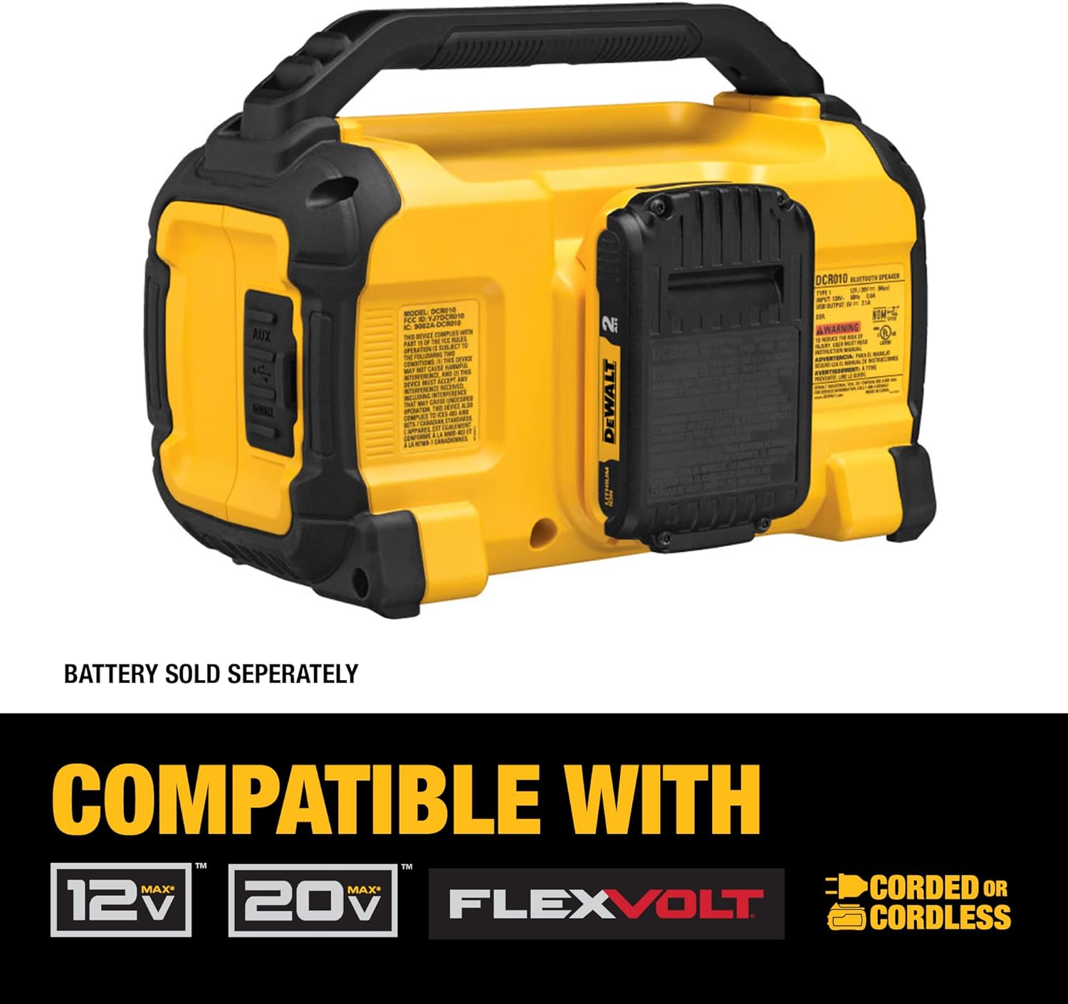 DEWALT 20V MAX Bluetooth Speaker, 100 ft Range, Durable for Jobsites, Phone Holder Included, Lasts 8-10 Hours with Single Charge (DCR010)