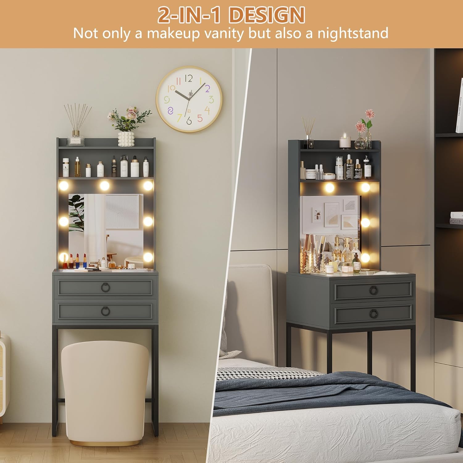 LVSOMT Small Makeup Vanity with Glass Top, White Vanity Desk with Lighted Mirror and Lights, Mini Makeup Table with Motion Sensor, Corner Dressing Table for Bedroom, Apartment