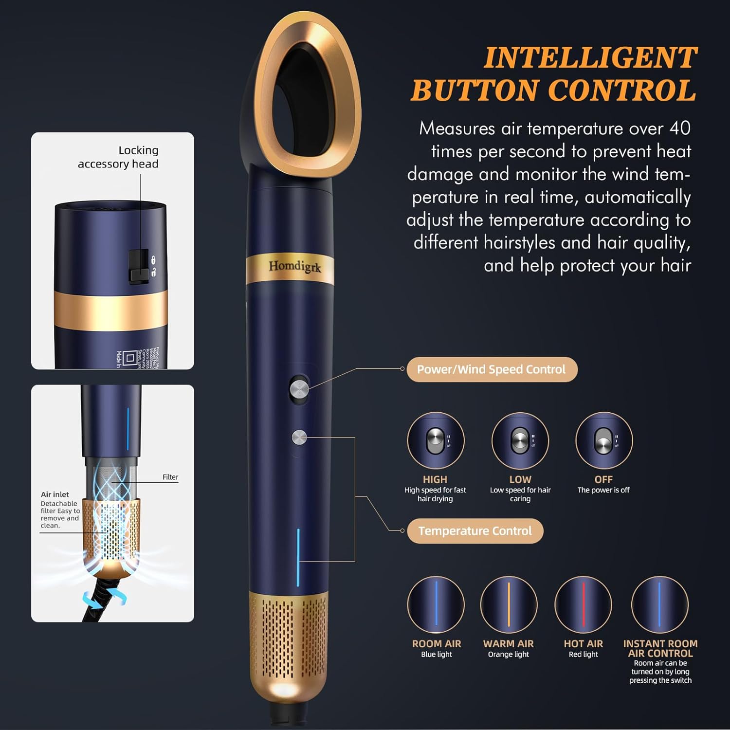 Homdigrk 6 in 1 Professional Hot Air Styler, Ionic Hair Dryer&Curling Iron Set, Combines Drying, Smoothing, Curling, and Volumizing in one, Including Travel Storage Case - Prussian Blue