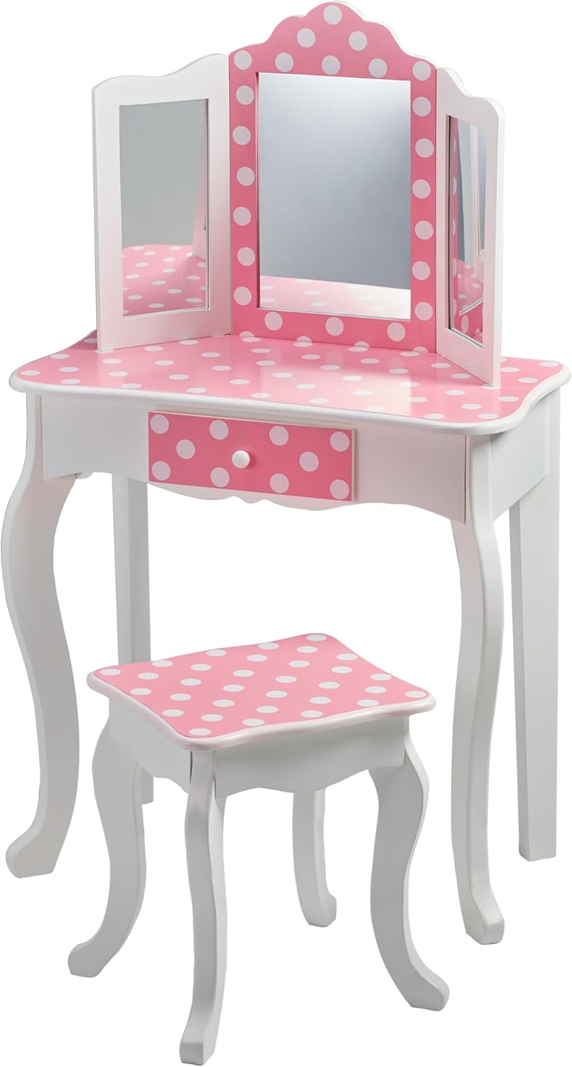 Teamson Kids Pretend Play Kids Vanity, Table & Chair Vanity Set with Mirror, Girls Makeup Dressing Table with Storage Drawer & Polka Dot Print, Gisele Collection, Pink/Gold