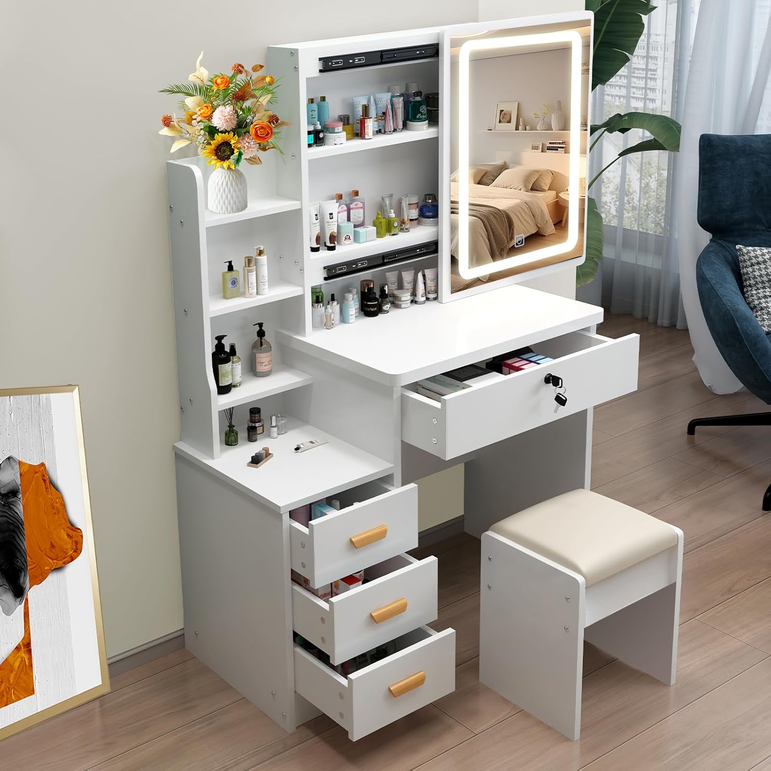 MONGMON Vanity Desk with Mirror and Lights, 3 Lighting Modes, European Style Dressing Table with Drawers, with Open Storage Shelves,Makeup Vanity Table for Bedroom,Gifts for Girls and Women, White