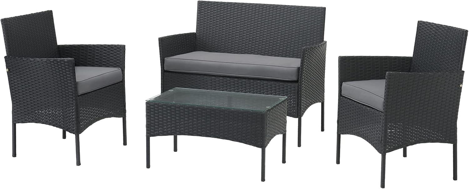 Lavish Home 4-Piece Patio Furniture Set - Rattan Outdoor Couch, 2 Patio Chairs, and Table Combo - Cushioned Deck, Pool, or Porch Furniture (Black)