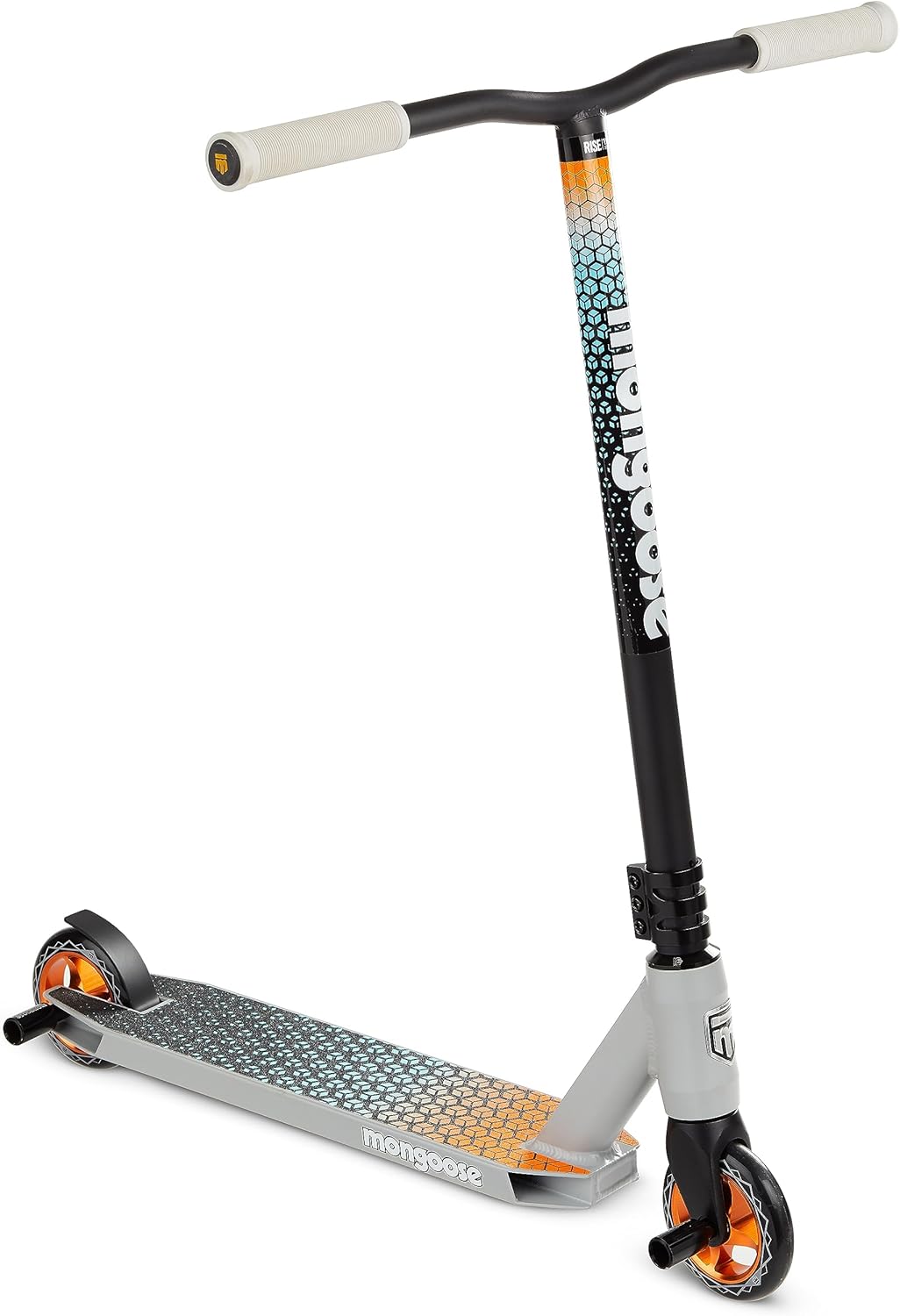 Mongoose Rise Freestyle Stunt Trick Scooter, For Kids Youth Adult Men Women Ages 8 Up, Lightweight Alloy Deck & Heavy-Duty Frame Up to 220 lbs., Bike-Style Grip, T-Bar Handlebar and High Impact Wheels