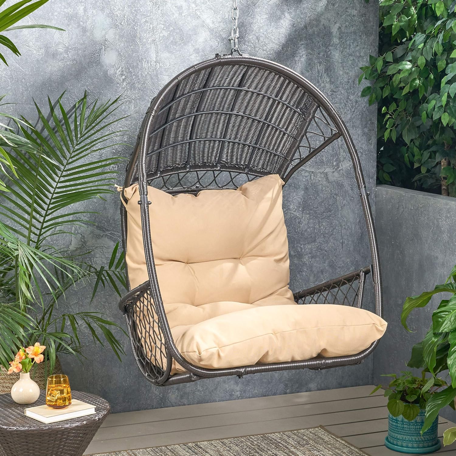 Christopher Knight Home Becky Wicker Hanging Chair with Cushion (Stand Not Included), White, Green