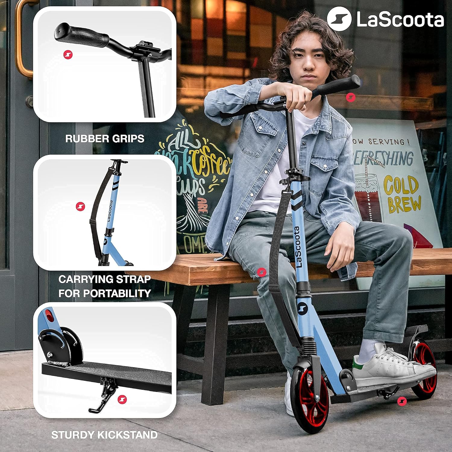 LaScoota Kick Scooter for Kids Ages 6+, Teens & Adults, Large 8 Sturdy Urethane Wheels. Adjustable Handlebar, Lightweight, Foldable, 220lbs Max Load