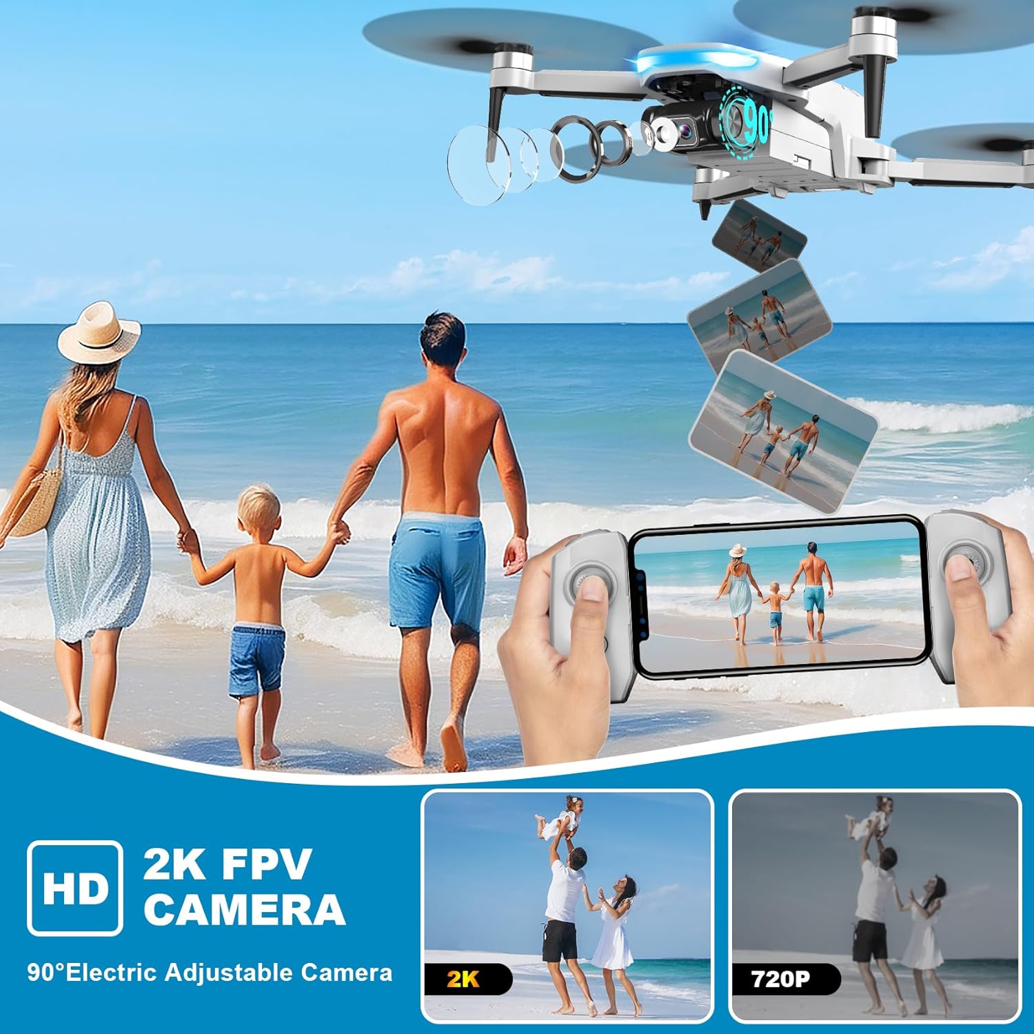 Dron con cámara, 2K HD FPV Drone con motor sin escobillas, 360 ° de labio, Waypoint Fly, Gesture Selfie, despegue y aterrizaje con una tecla, Mini Drone plegable para principiantes