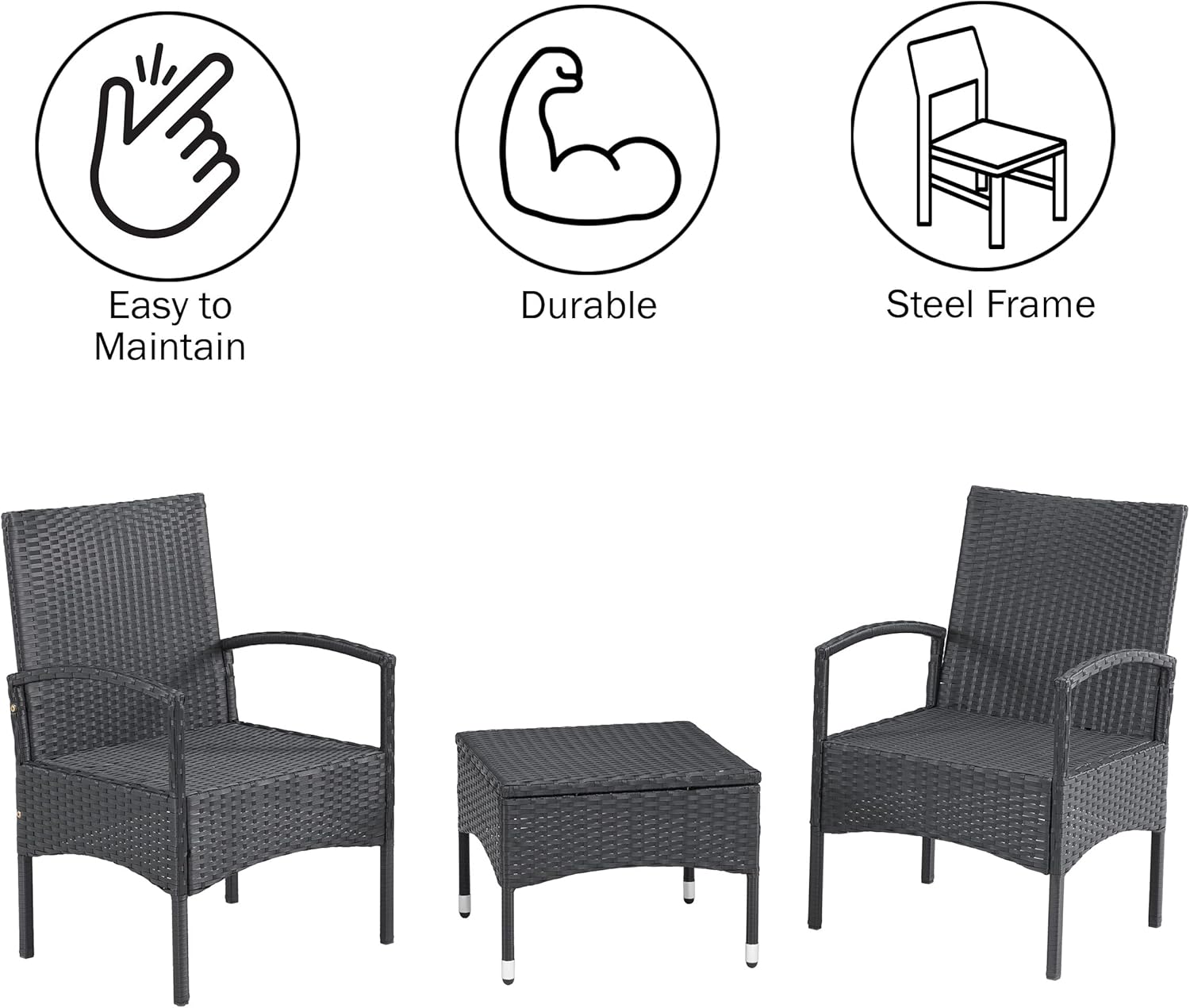 Lavish Home 4-Piece Patio Furniture Set - Rattan Outdoor Couch, 2 Patio Chairs, and Table Combo - Cushioned Deck, Pool, or Porch Furniture (Black)