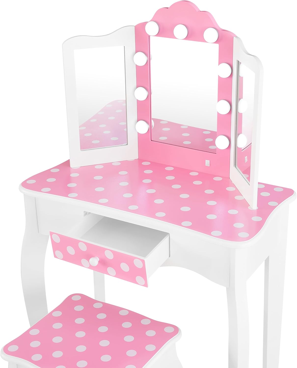 Teamson Kids Pretend Play Kids Vanity, Table & Chair Vanity Set with Mirror, Girls Makeup Dressing Table with Storage Drawer & Polka Dot Print, Gisele Collection, Pink/Gold
