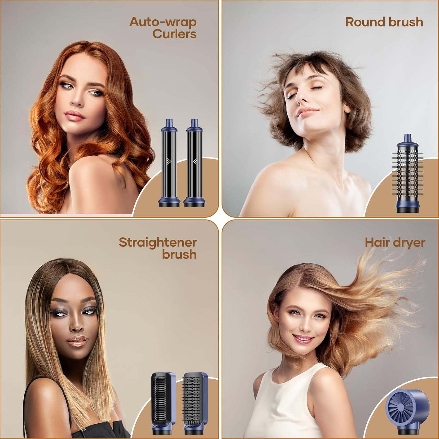 Hair Dryer Brush TECHMERI 6 in 1 Blow Dryer Brush Ions, Detachable Hair Styler Tools, Auto Wrap Curler, Hot Air Brush for Drying, Straightening and Volumizing