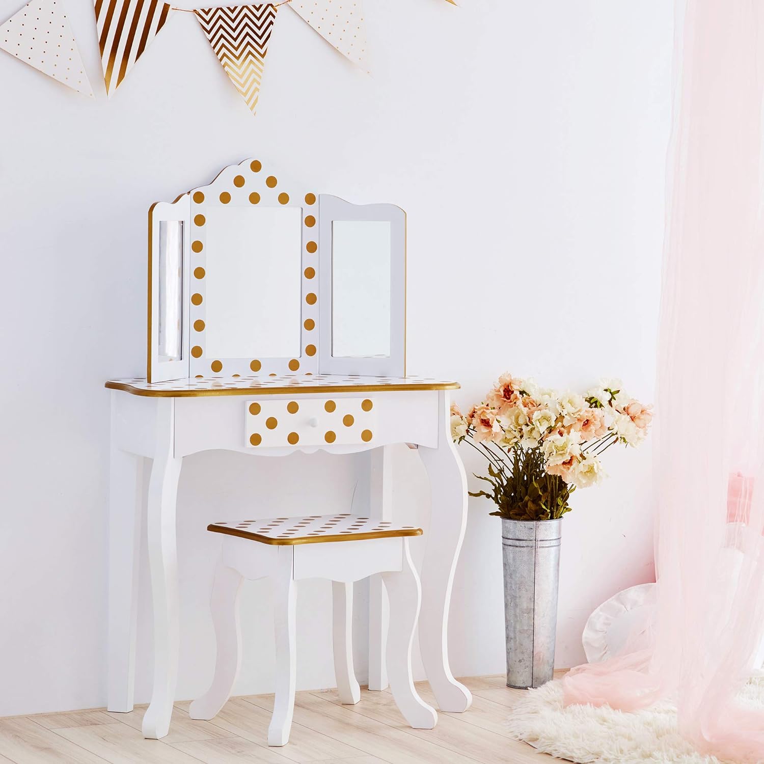 Teamson Kids Pretend Play Kids Vanity, Table & Chair Vanity Set with Mirror, Girls Makeup Dressing Table with Storage Drawer & Polka Dot Print, Gisele Collection, Pink/Gold