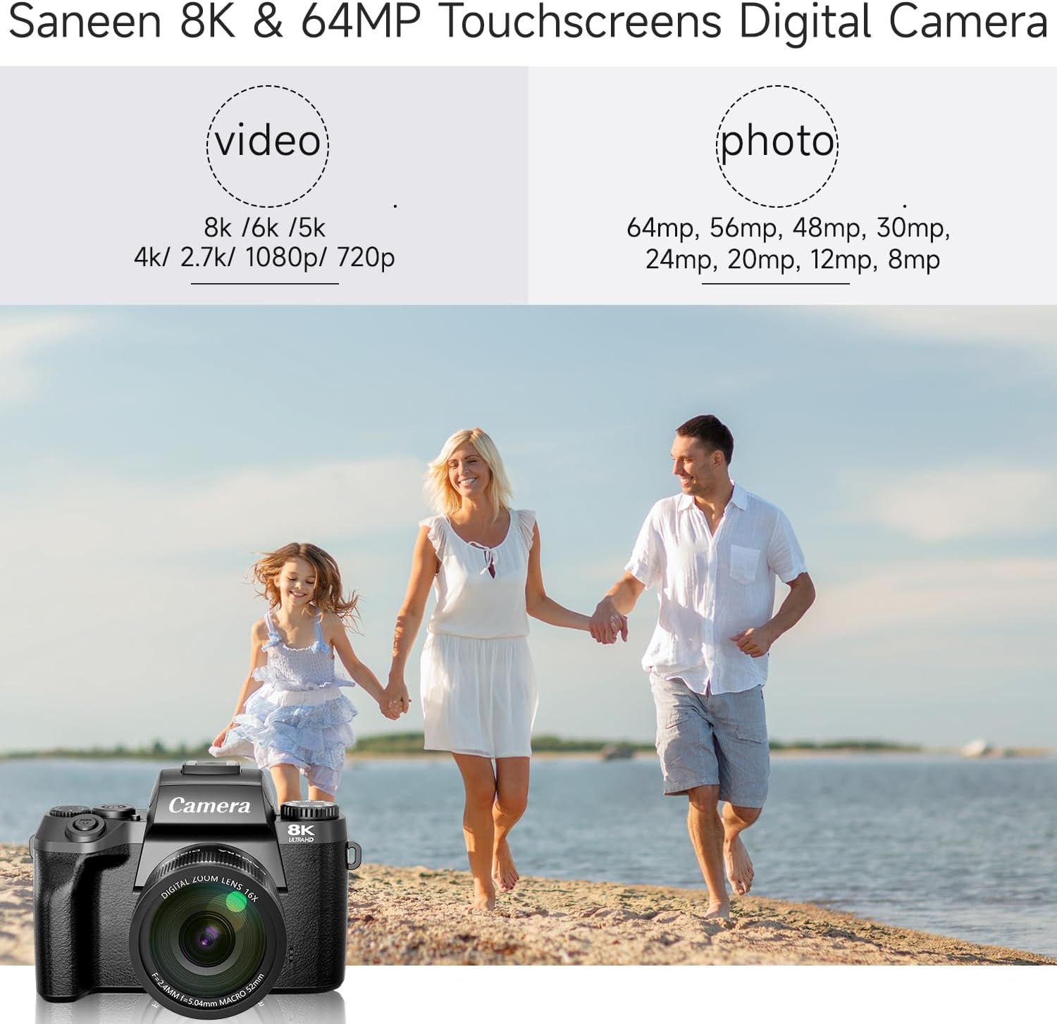 Saneen Digital Camera, 8k Cameras for Photography, 64MP WiFi Touch Screen Vlogging Camera with Flash, 32GB SD Card, Lens Hood,3000mAH Battery, Front and Rear Cameras,Hot Shoe Interface Beginner