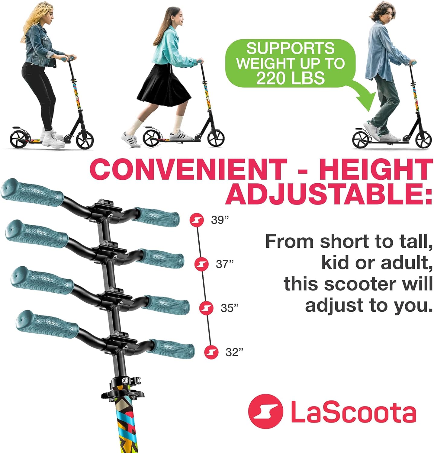LaScoota Kick Scooter for Kids Ages 6+, Teens & Adults, Large 8 Sturdy Urethane Wheels. Adjustable Handlebar, Lightweight, Foldable, 220lbs Max Load