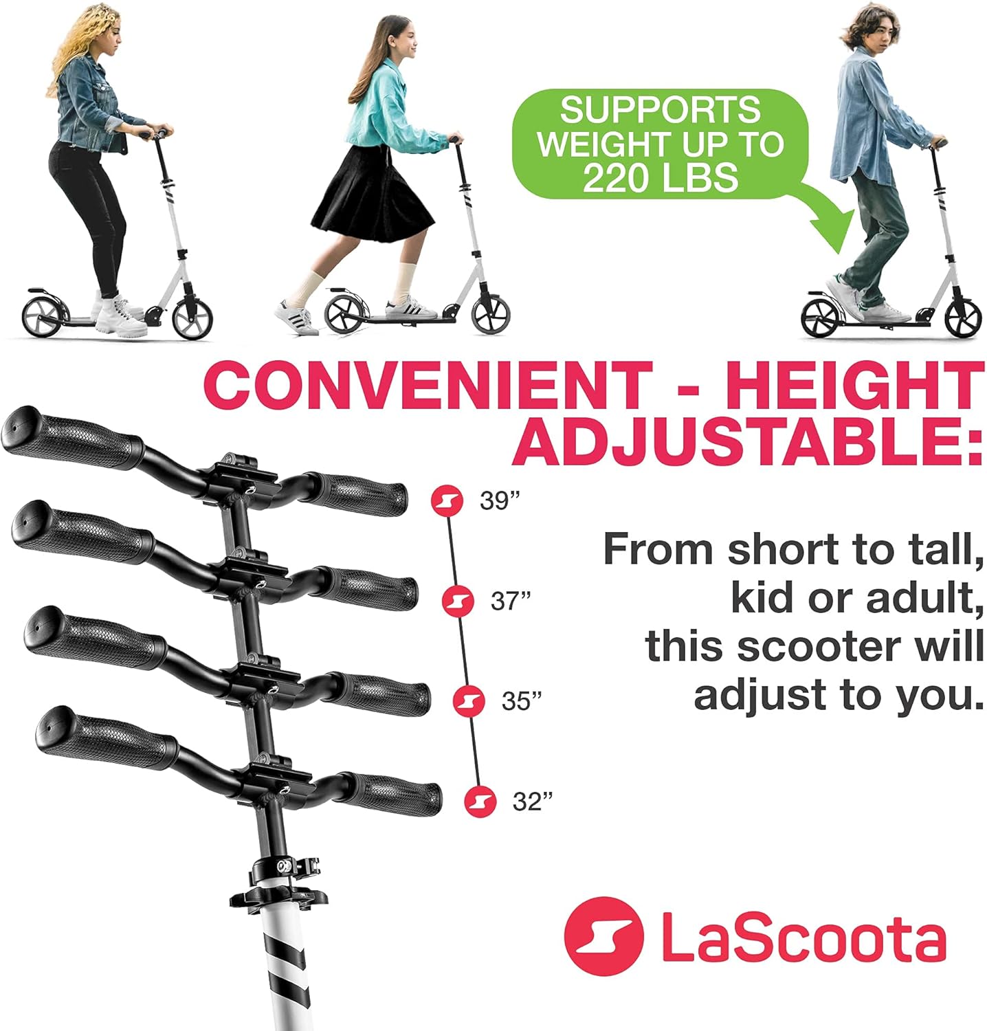 LaScoota Kick Scooter for Kids Ages 6+, Teens & Adults, Large 8 Sturdy Urethane Wheels. Adjustable Handlebar, Lightweight, Foldable, 220lbs Max Load