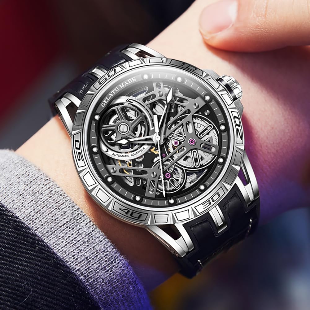 OUPINKE Skeleton Mens Watches Automatic Mechanical Luxury Watch Sapphire Crystal Leather Band Waterproof Luminous Wristwatch