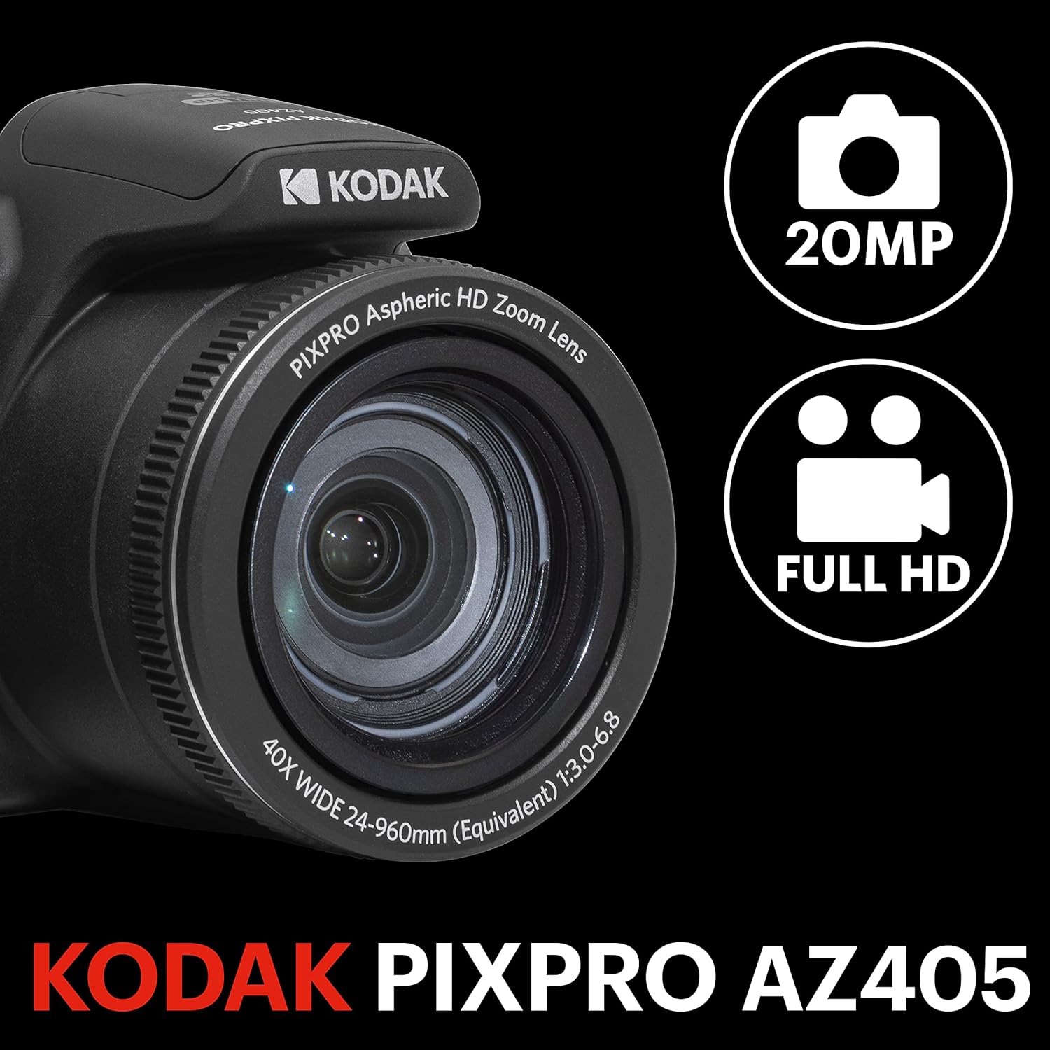 KODAK PIXPRO AZ405-BK 20MP Digital Camera 40X Optical Zoom 24mm Wide Angle Lens Optical Image Stabilization 1080P Full HD Video 3 LCD Vlogging Camera (Black)