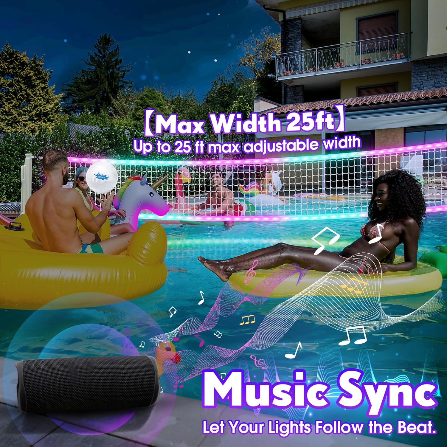 OHYEMO 2-in-1 LED Pool Volleyball & Basketball Game Set, Light Up Pool Sport Combo Set with 14in LED Rim/4 Glow Balls/2 Base/Pump, Inground Swimming Pool Toy Party Games for Adults & Family