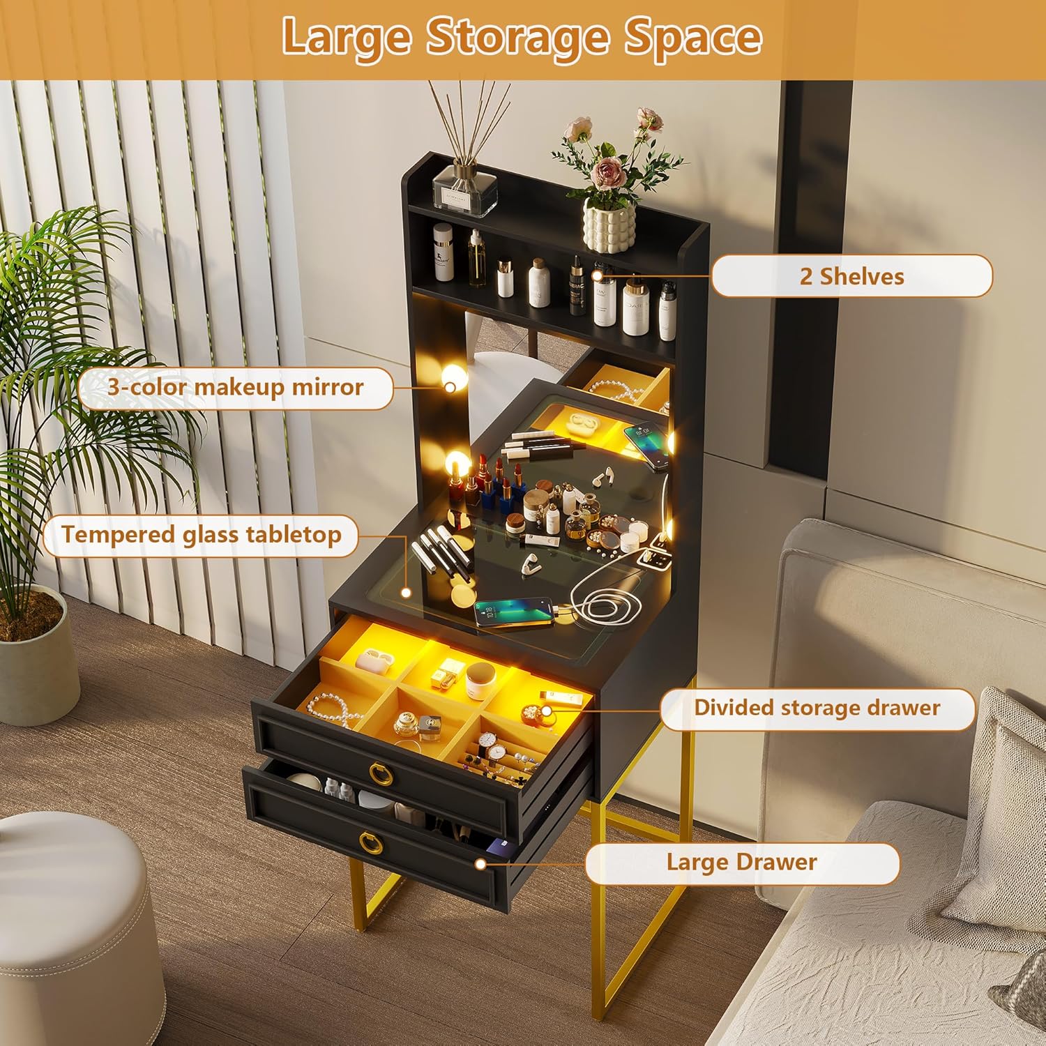 LVSOMT Small Makeup Vanity with Glass Top, White Vanity Desk with Lighted Mirror and Lights, Mini Makeup Table with Motion Sensor, Corner Dressing Table for Bedroom, Apartment