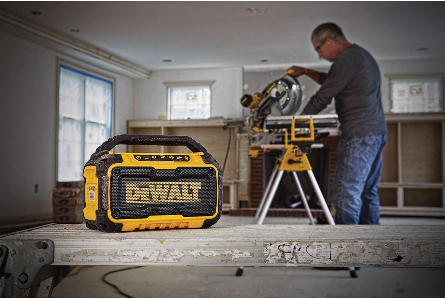 DEWALT 20V MAX Bluetooth Speaker, 100 ft Range, Durable for Jobsites, Phone Holder Included, Lasts 8-10 Hours with Single Charge (DCR010)