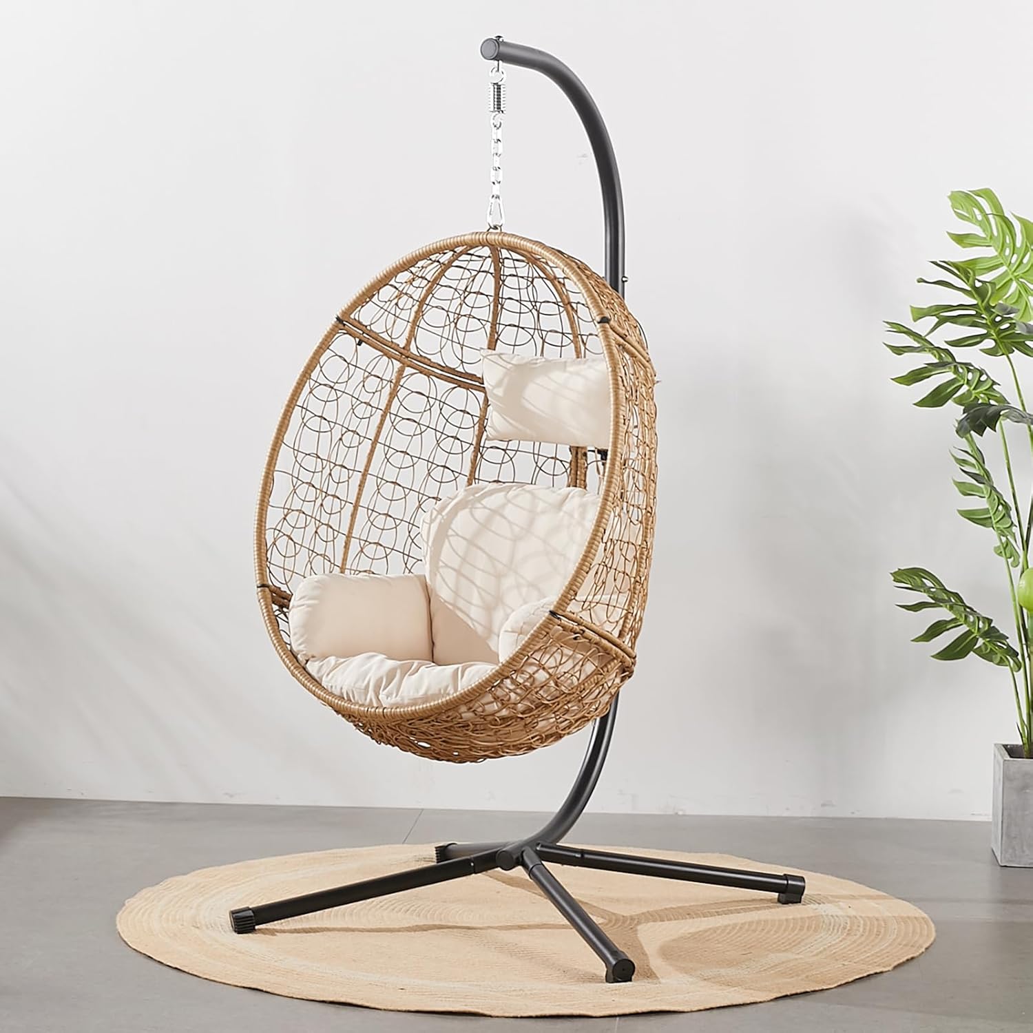 VARVIND Wicker Patio Hammock Swing Chair with Stand & Leg Rest for Indoor Outdoor, Hanging Egg Chair with UV Resistant Detachable Seat Cushion for Balcony, Bedroom, Garden,350Lbs Capacity(Beige)