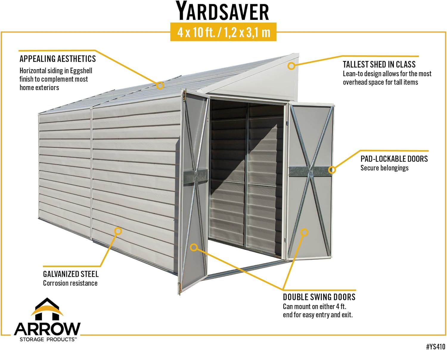 Arrow Yardsaver Compact Galvanized Steel Storage Shed with Pent Roof, 4' x 10'