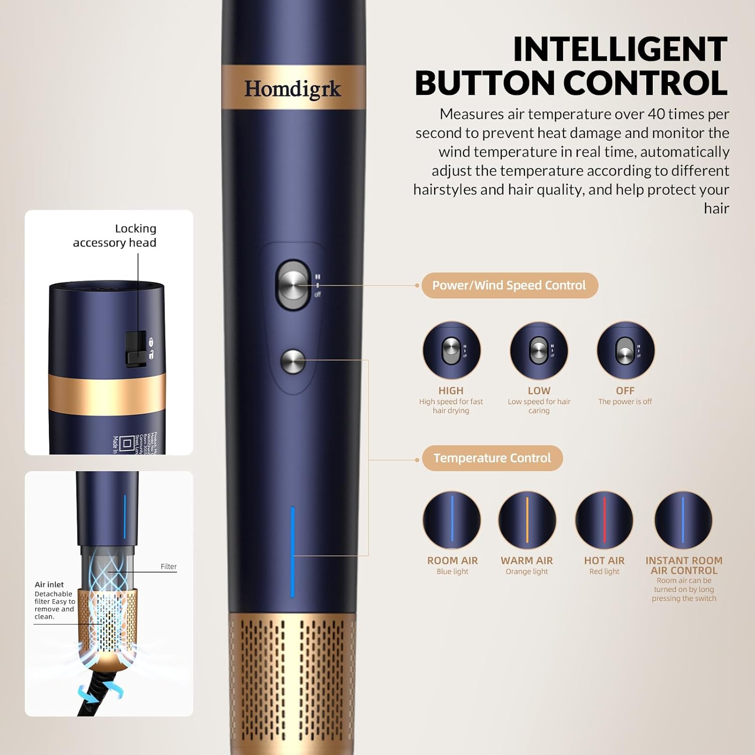 Homdigrk 6 in 1 Professional Hot Air Styler, Ionic Hair Dryer&Curling Iron Set, Combines Drying, Smoothing, Curling, and Volumizing in one, Including Travel Storage Case - Prussian Blue