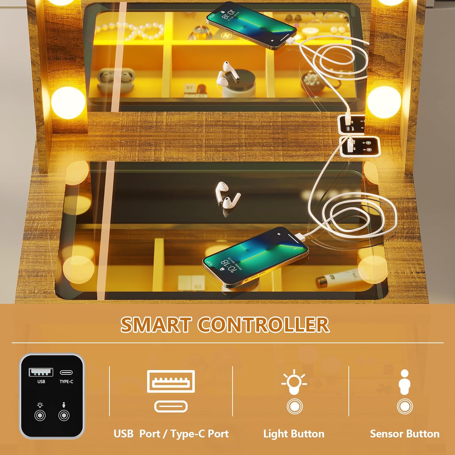 LVSOMT Small Makeup Vanity with Glass Top, White Vanity Desk with Lighted Mirror and Lights, Mini Makeup Table with Motion Sensor, Corner Dressing Table for Bedroom, Apartment