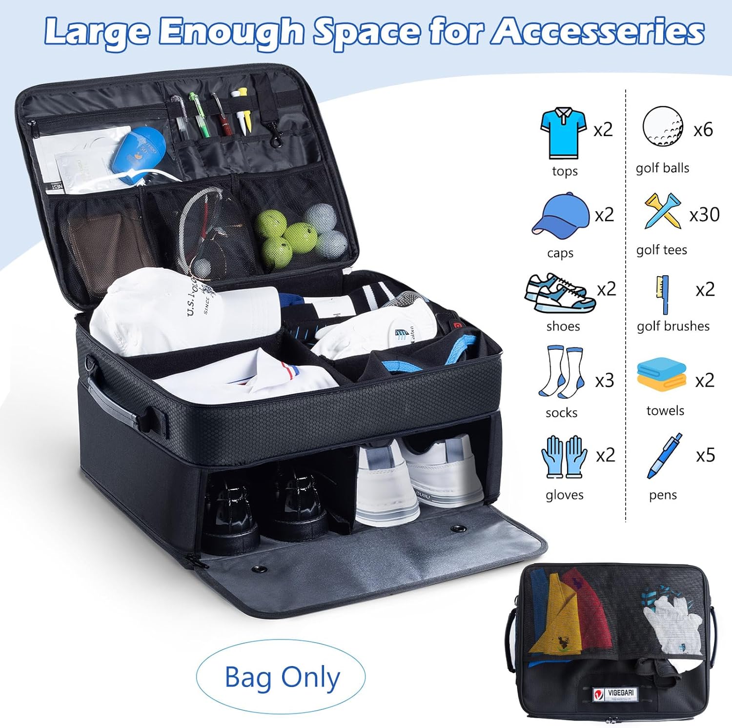 VIGEGARI Upgraded Golf Trunk Organizer Storage with Separate Compartment for 2 Pair Shoes Up to US Mens 16, Golf Car Locker Organizer for Golf Balls, Golf Gloves, Golf Accesories for Men, Golf Gifts